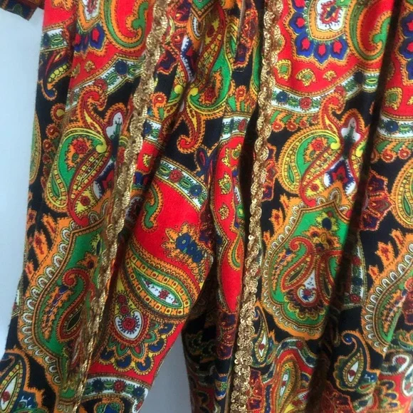 Vintage 60s 70s Psychedelic Paisley Palazzo Jumpsuit Gold Rick Rack Trim S-XS - Picture 5 of 12